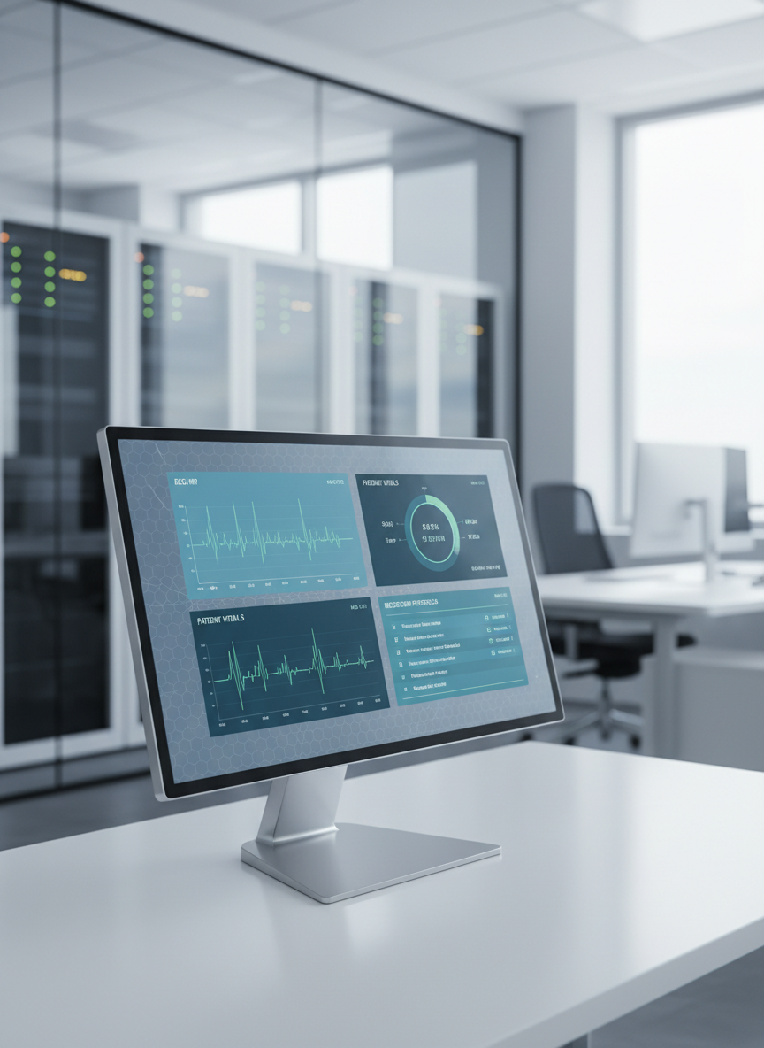 A sleek, ultra-modern healthcare software dashboard displayed on a slim, silver-framed 27-inch monitor with a nearly bezel-less edge, resting on a clean white desk. The screen shows multi-pane clinical data visualizations, soft blues and teals with precise typography, layered over a subtle grid. In the background, a softly blurred view of a bright, glass-walled office with servers and devices creates context. Cool, diffused daylight from large unseen windows washes the scene, creating crisp reflections on the monitor stand. Photographic realism at eye-level, with a shallow depth of field that keeps the dashboard in perfect focus. The mood is professional, calm, and high-tech, conveying reliability and clarity for critical healthcare environments.