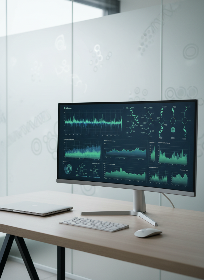 A meticulously organized digital research workspace featuring a high-resolution 34-inch curved monitor on a pale ash-wood desk, showing complex life sciences analytics: gene expression heatmaps, molecular diagrams, and longitudinal patient data charts in a restrained blue and green palette. A closed, logo-free laptop and a slim, wireless keyboard sit neatly nearby. The background reveals a softly out-of-focus wall of frosted glass with abstract scientific patterns etched into it. Natural, diffused overcast daylight enters from an unseen window, creating gentle, even lighting that reduces glare on the screen. Photographic realism with an eye-level, rule-of-thirds composition that draws attention to the analytics. The scene feels focused, intelligent, and quietly innovative, highlighting how Cyberxon accelerates medical research through sophisticated but approachable visual tools.