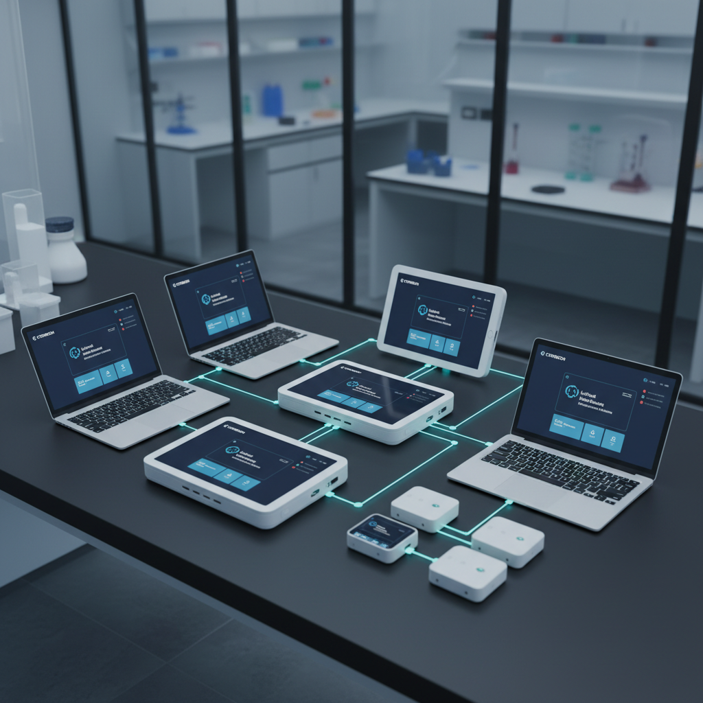 An array of interconnected medical devices—sleek white tablets, secure laptops, and compact IoT diagnostic units—arranged on a dark matte workstation, all displaying parts of a unified Cyberxon platform interface. Thin, glowing lines of cyan light trace between devices, suggesting encrypted data flow and interoperability. The environment is a contemporary, glass-partitioned clinical tech lab with blurred lab benches and equipment in the background. Cool, even studio-style lighting emphasizes clean edges and smooth textures, with gentle highlights on metal surfaces. Captured from a slightly elevated angle with balanced composition and sharp focus throughout, in a photographic, clean and modern style. The atmosphere communicates seamless integration, precision, and trust in a digitally advanced healthcare ecosystem.