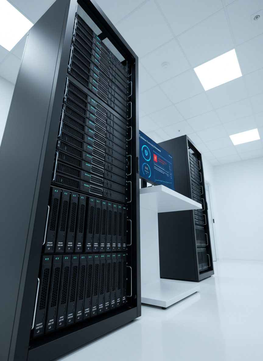 A secure server rack installation with matte black chassis, subtle teal LED indicators, and clearly labeled drives standing in a pristine, climate-controlled data center aisle. On a slim nearby console, a large screen displays a detailed Cyberxon security dashboard with real-time compliance metrics, threat alerts, and encryption status in cool blue tones. The polished white floor reflects faint glows from the hardware. Overhead, soft, cool-white LED panels provide even, shadowless lighting, enhancing the clinical, precise feel. Shot from a low, slightly angled perspective to give the servers presence and depth, with photographic realism and crisp detail. The mood is highly professional, robust, and reassuring, emphasizing reliability, security, and regulatory-grade infrastructure for healthcare data.