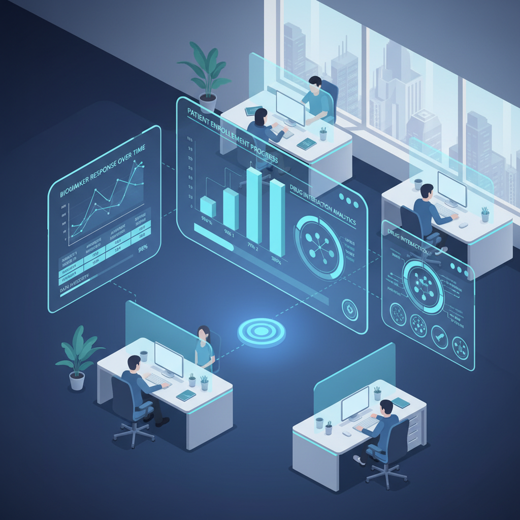 Futuristic clinical trial management system dashboard on multiple screens, clean UI, medical data charts, in a modern tech office setting, blue and teal color palette, isometric illustration style