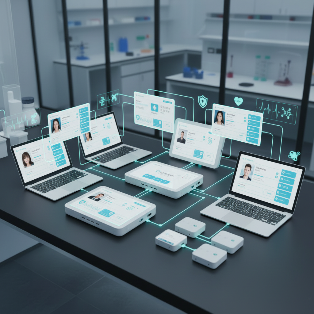Futuristic, secure electronic health record dashboard interface with interconnected patient charts, analytics graphs, and medical icons, in the same visual style and color palette as the other Cyberxon site illustrations, minimal, clean, on a light background